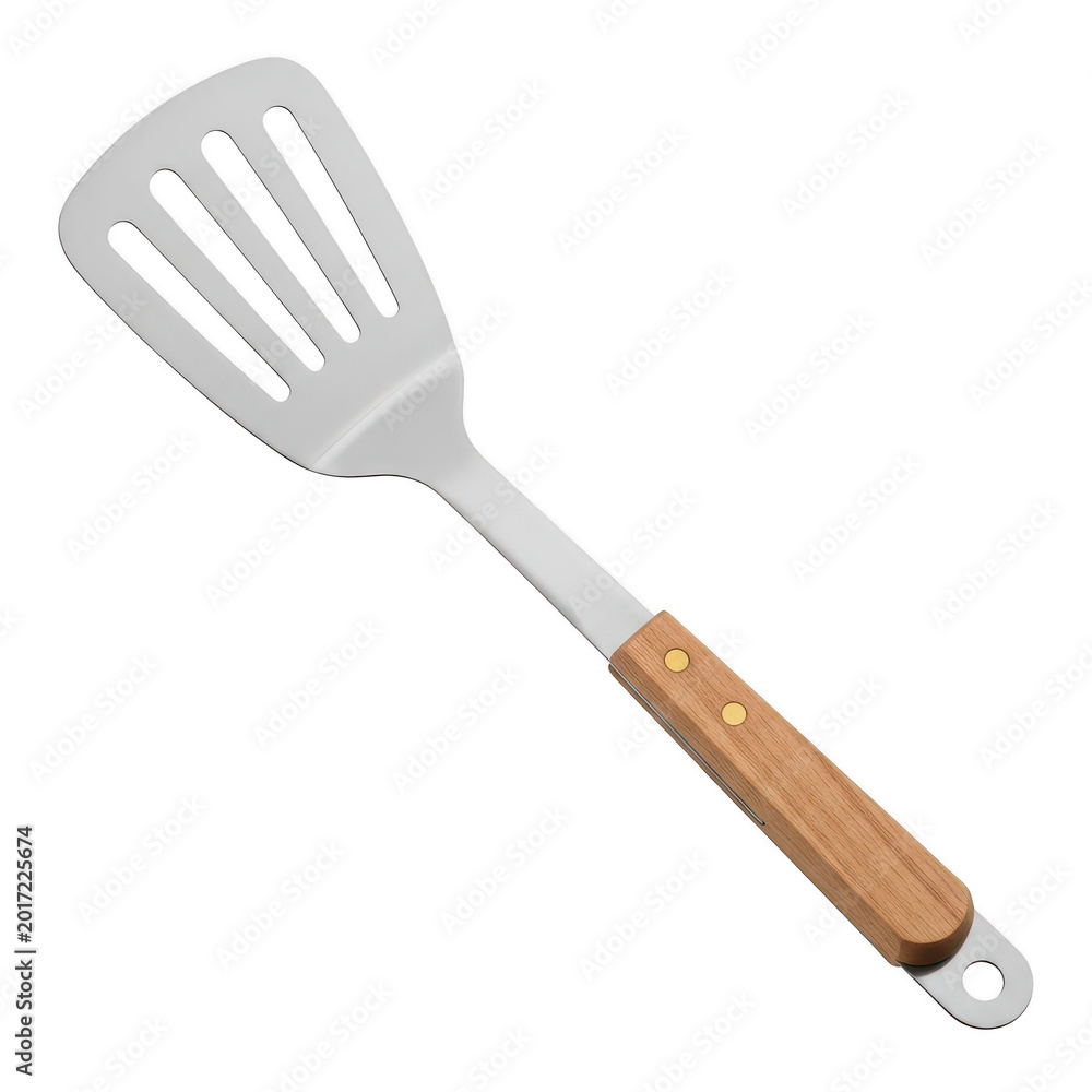 Naklejka premium Stainless steel spatula with wooden handle for cooking and serving