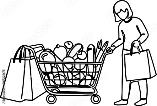 Valokuva Woman Pushing Full Shopping Cart with Groceries and Shopping Bags