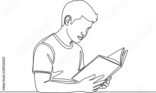 Fotografía Continuous line drawing of a young boy engrossed in reading a book, simple and clean illustration