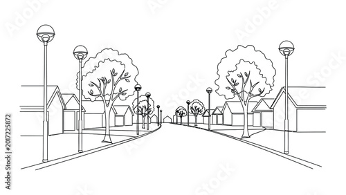 Black and white line drawing of a quiet suburban street.