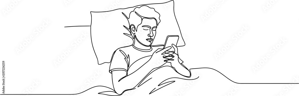 Fototapeta premium Continuous line drawing of a young man lying in bed using a smartphone at night.