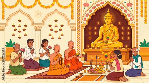 Buddhist monks and people are gathered in a temple for a ceremony with a large golden Buddha statue