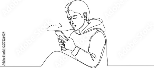 Quadro su tela Minimalist line art of a young person engrossed in their smartphone