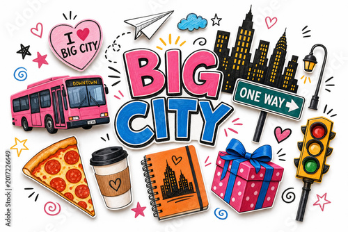 Colorful city life collage featuring skyline, bus, traffic sign, pizza, coffee