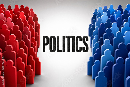 Political polarization illustration with red and blue crowds facing off
