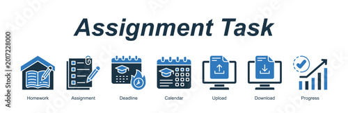 Fotografía Assignment Task web banner icon concept for with icon of Homework, Assignment, Deadline, Calendar, Upload, Download, Progress