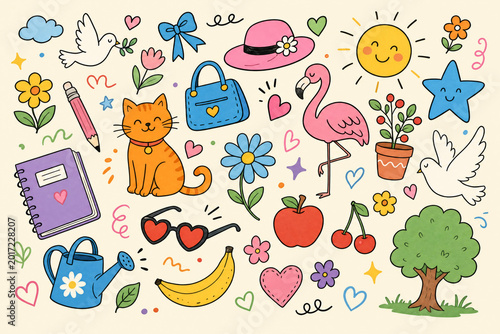 Colorful doodle collage with cat flamingo sun and flowers