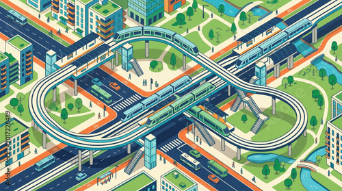 Konstfotografi Modern City Transportation System with Elevated Train Tracks.