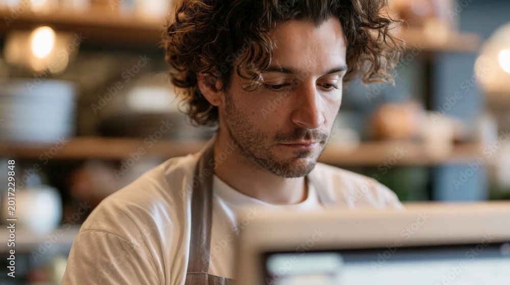 Obraz premium Young man with curly hair and a beard, wearing a white t-shirt, sitting in front of a computer monitor. he appears to be focused on the screen, with a serious expression on his face.