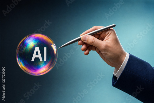 Hand holding digital stylus near AI bubble