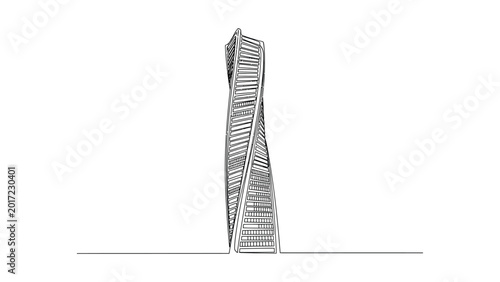 Minimalist continuous line drawing of a modern twisting skyscraper.