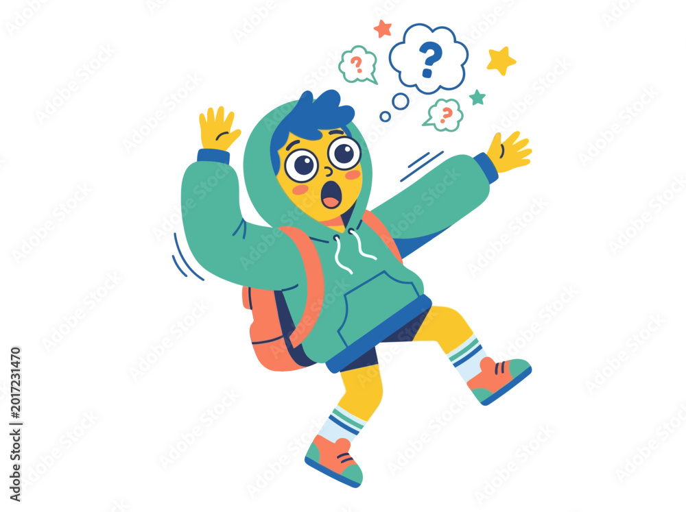 Fototapeta premium Confused child with question marks expressing surprise in an illustration style
