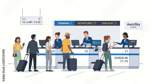 Minimalist 2d flat illustration style modern airport check in counter scene on a white background