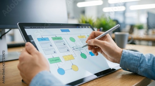 Close-up of person using stylus on tablet displaying flowchart with project mana