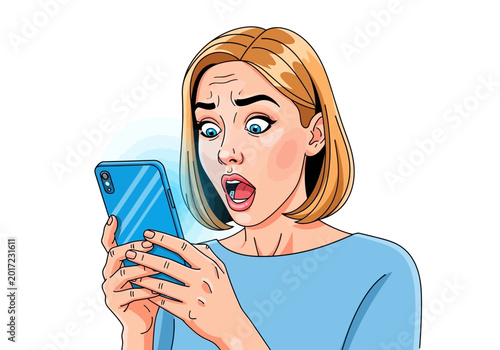 Foto Woman reacts in shock while looking at a smartphone screen vector illustration