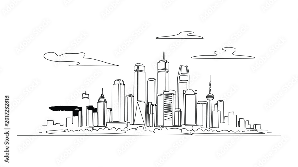 Obraz premium Continuous line drawing of a modern cityscape skyline.