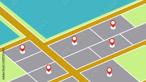 Gps location icon map with pin markers showing various locations creatively combined, perfect for travel websites or navigation apps.