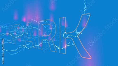 Spark word with electric energy and light streaks on blue background