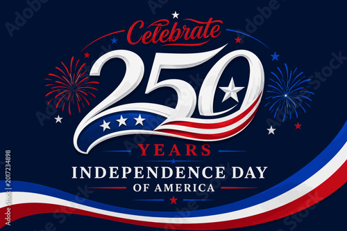 Celebrate 250 years of american independence day with fireworks and patriotic waving ribbons