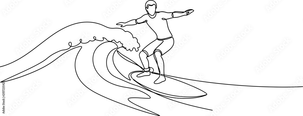 Fototapeta premium Surfer riding wave, continuous line art, minimalist, dynamic action