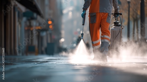 Worker in protective clothing cleaning urban street with high pressure water spray