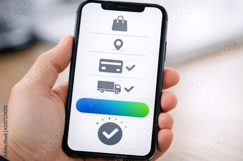 Hand holding a modern smartphone displaying a user interface with icons for a shopping bag, location, payment, and delivery, showing a completed and successful order process