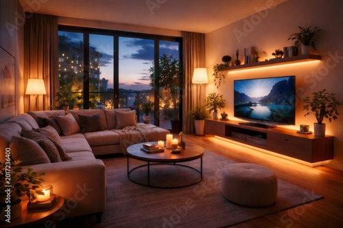 Modern living room interior creating a relaxing and inviting atmosphere, featuring a comfortable sectional sofa, warm lighting, potted plants, and city views from large windows at dusk