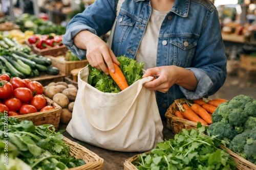 Woman's hands placing a carrot into a reusable cloth bag filled with lettuce, standing at a vibrant market stall surrounded by various fresh, healthy vegetables