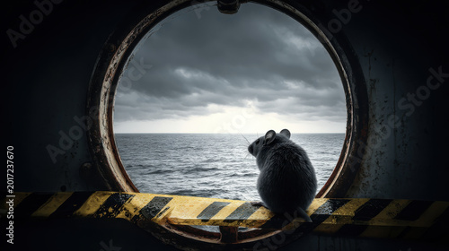 Risk of hantavirus and contagion, mouse in dark porthole overlooking stormy ocean waves, yellow caution tape