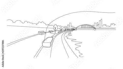 Continuous single line drawing of urban highway traffic and cityscape.