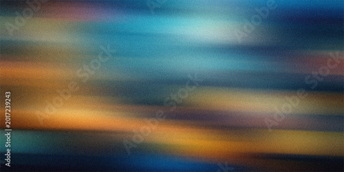 Obraz na plátně Horizontal motion blur background featuring orange teal and navy blue light streaks with grainy cinematic texture for design