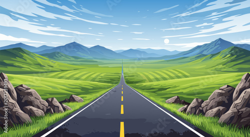 Endless open road stretching into the distance through rolling green hills and fields in this scenic vector illustration