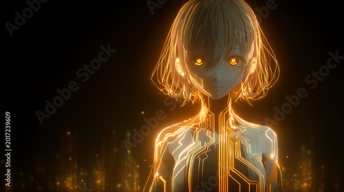 a robot with a stream of gold neon light and glowing gold eyes