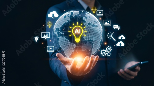 Artificial Intelligence powered global technology advancing digital transformation and smart business growth, representing future innovation and interconnected data intelligence worldwide