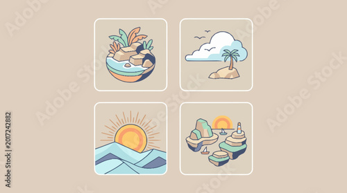 Konstfotografi A set of four travel icons featuring beach and mountain scenes.