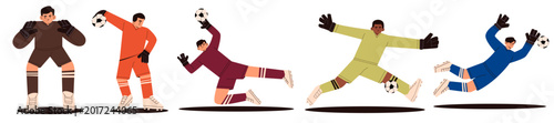 Cuadro en lienzo Flat illustration set of soccer goalkeepers in dynamic action poses with football balls