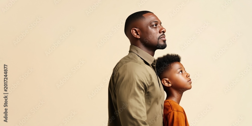 Obraz premium Father and son looking up together, symbolizing hope and future aspirations