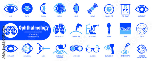 Foto Ophthalmology conditions and treatments icon set