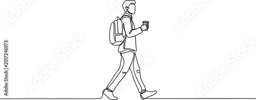 Fotografia Man walking with backpack and coffee cup, continuous line drawing