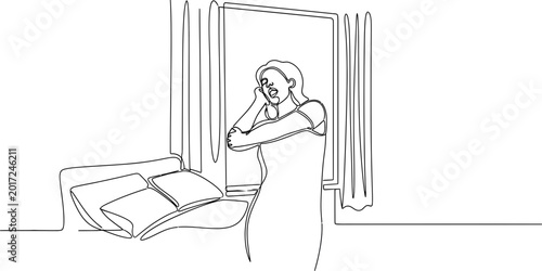 Foto Continuous line drawing of a woman looking out a window with curtains and pillows on the sill