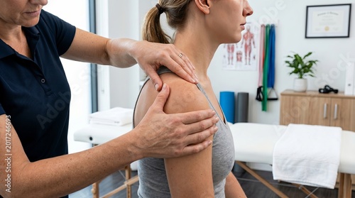 Therapist examines shoulder. Clinician evaluates shoulder function in calm setting