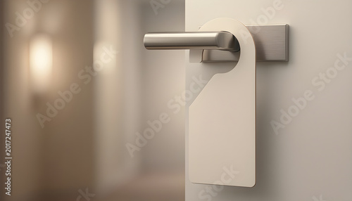 Blank door hanger on a hotel doorknob, minimalist template for privacy or service messages, customizable mock up for hospitality, guest communication, silence or welcome signs