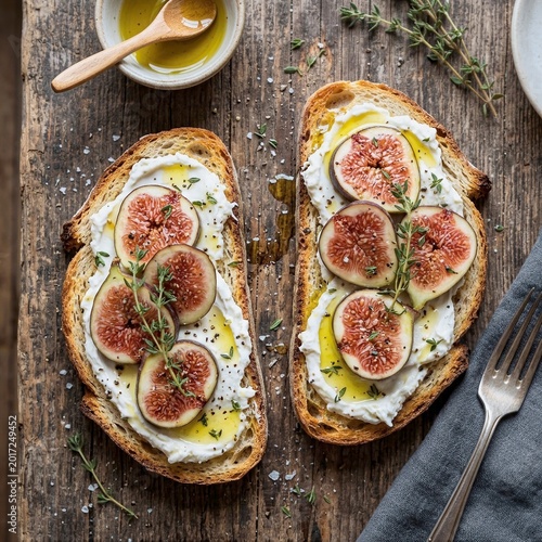 Fig and Cream Toast with Thyme and Olive Oil on Rustic Wooden Board