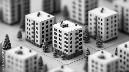 Monochrome cityscape model, showing apartment buildings, trees, and streets