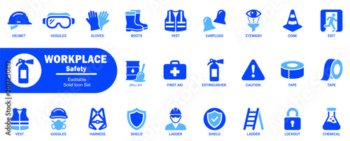 Fotografija Workplace safety editable solid icon set, featuring helmet, goggles, gloves, boots, vest, earplugs, eyewash, cone, exit, spill kit, first aid