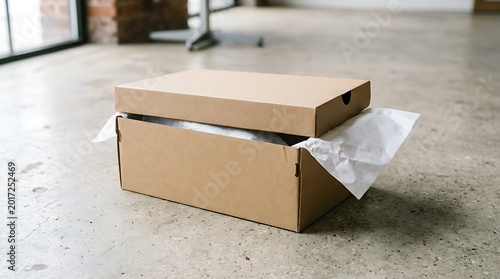 Blank Open Brown Cardboard Shoe Box Mockup with Tissue Paper