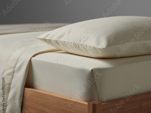 Percale Cotton Fitted Sheet Packshot Side Photo Bed Zoom Corner Photo