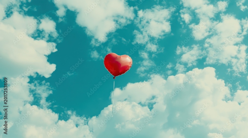 Fototapeta premium Red heart-shaped balloon floats in a vibrant sky