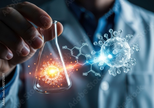 Scientist holding a flask with a glowing virus model