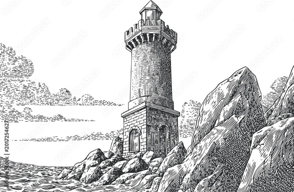 Obraz premium Vintage lighthouse on rocky coastline with ocean waves and cloudy sky illustration